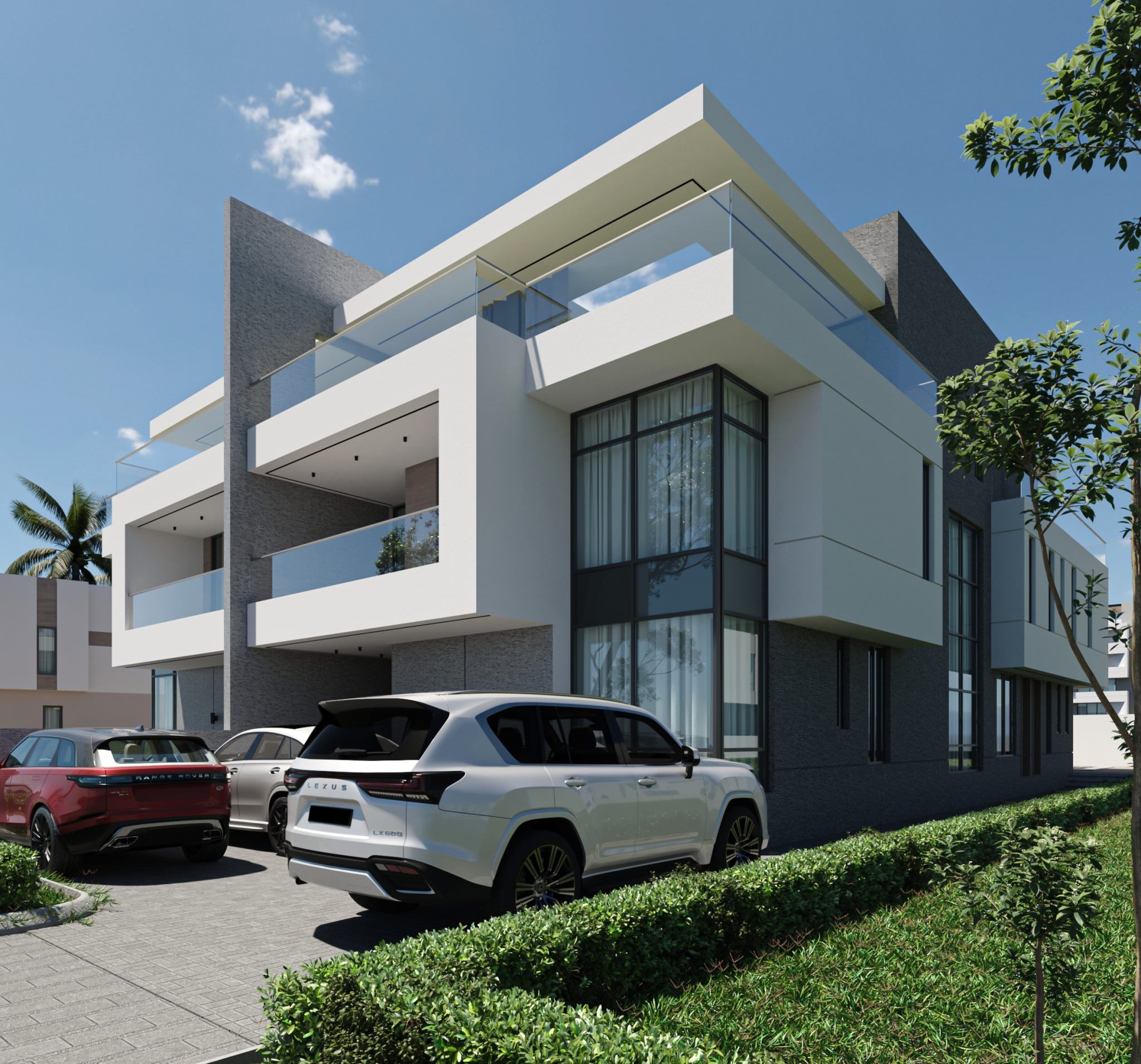 Angled exterior rendering of Cedars Manor showing balconies and glazing